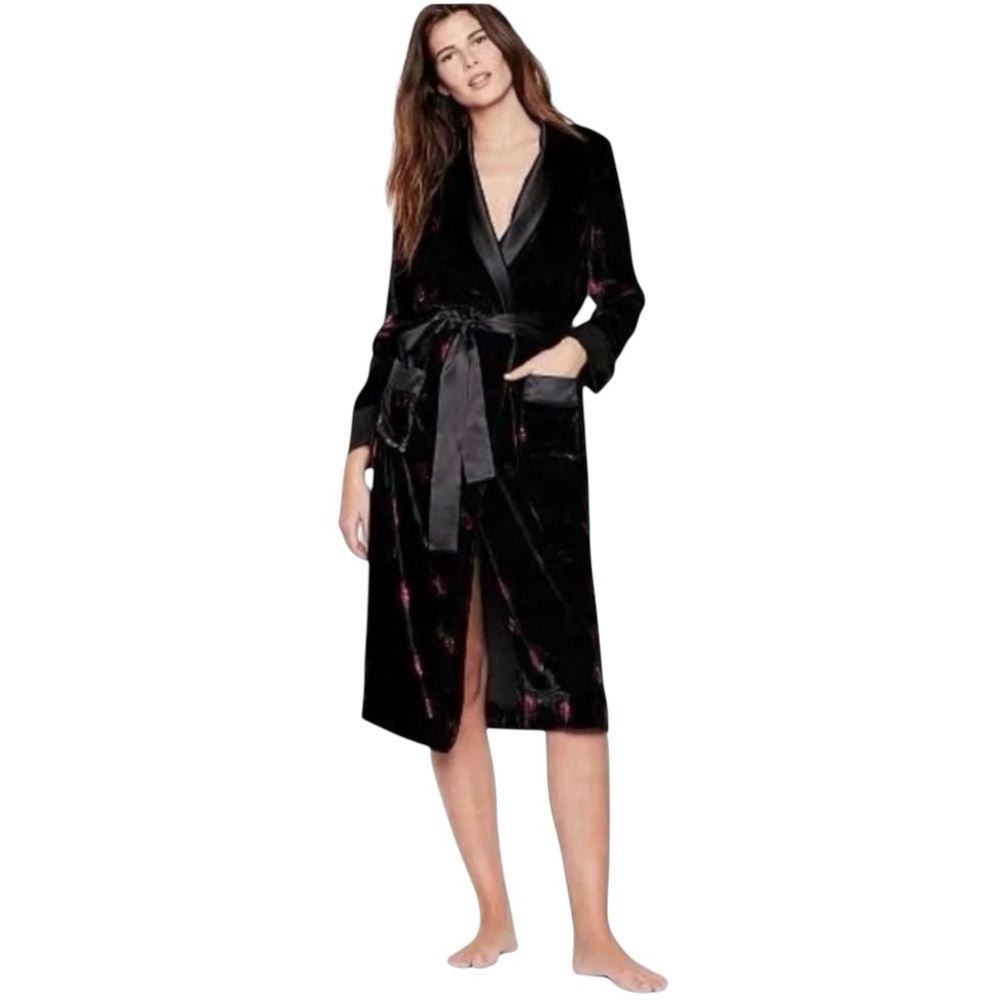 Victoria’s Secret Luxe Robe Kimono Velvet Satin Trim Dark Floral Black NWT Small